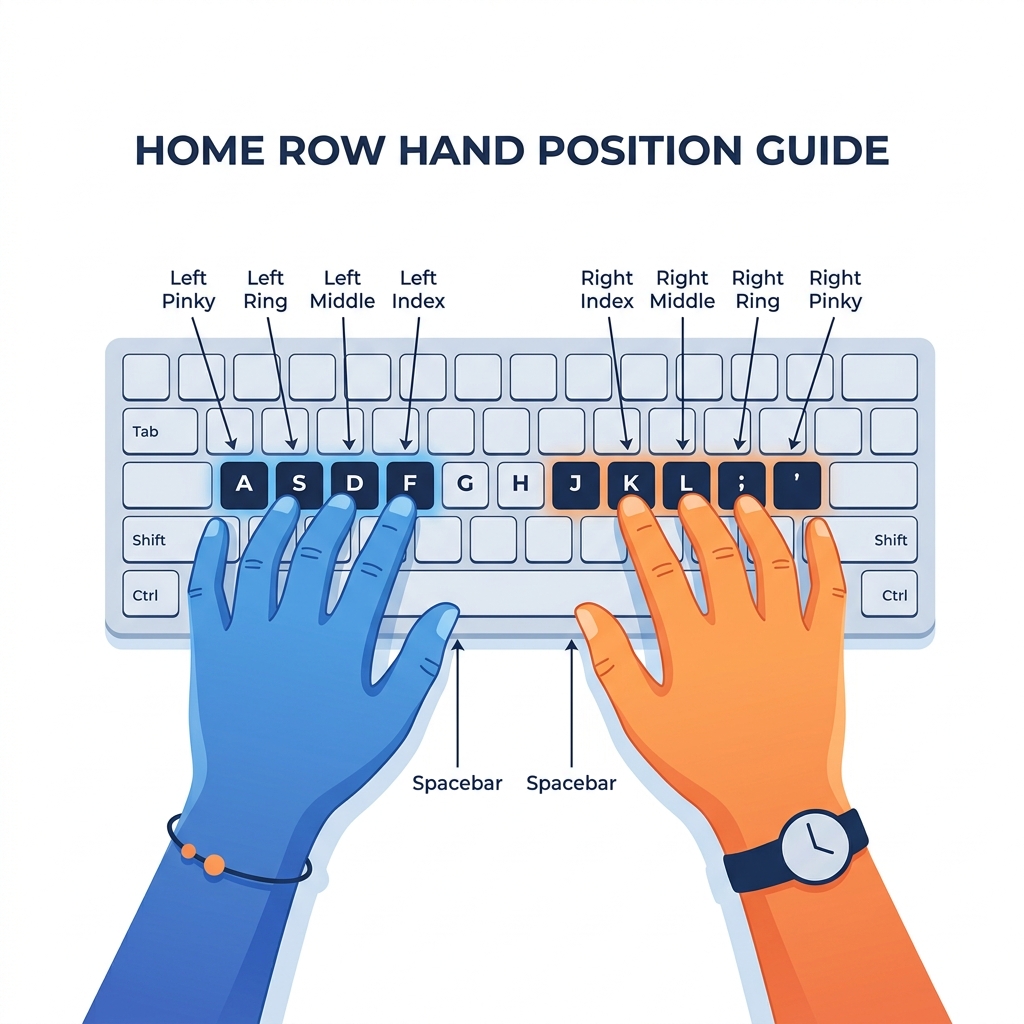 Top view of hand placement mapping on keyboard standard layout